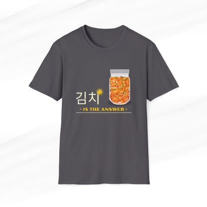 Kimchi is the Answer T-Shirt featuring a jar of kimchi and Korean lettering on a charcoal color fabric.