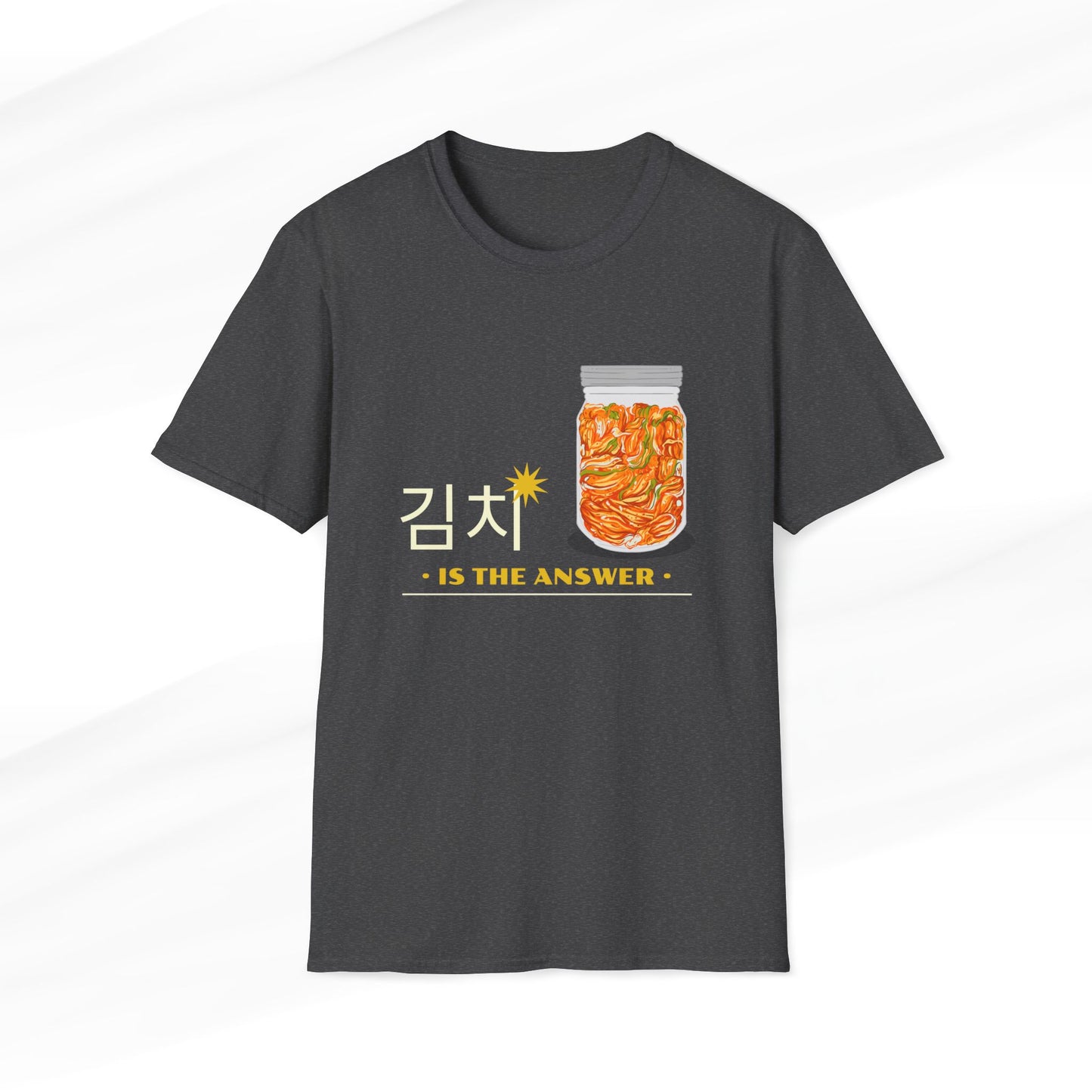 Kimchi is the Answer T-Shirt featuring a jar of kimchi and Korean lettering on a dak heather color fabric.