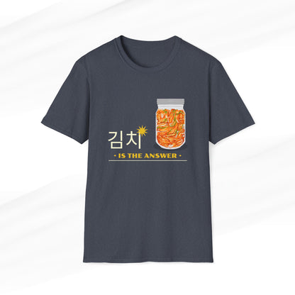 Kimchi is the Answer T-Shirt featuring a jar of kimchi and Korean lettering on a heather navy color fabric.