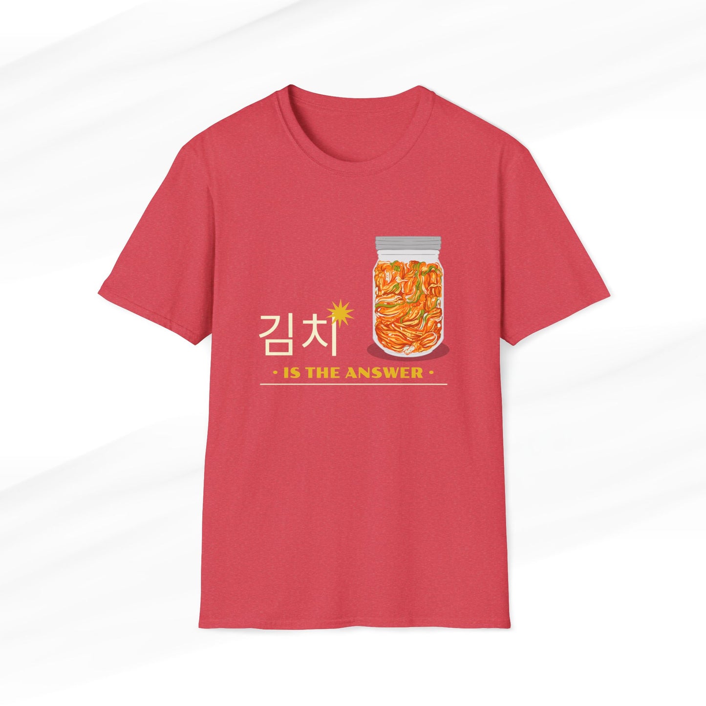 Kimchi is the Answer T-Shirt featuring a jar of kimchi and Korean lettering on a heather red color fabric.