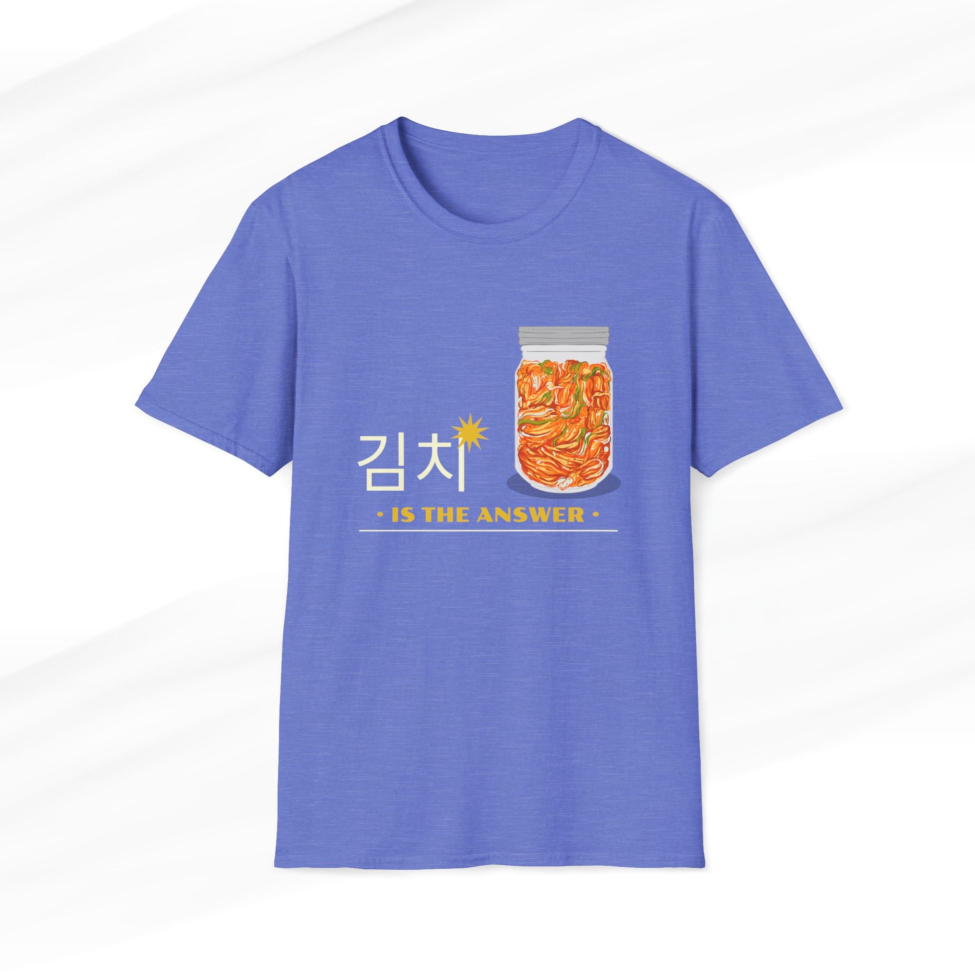 Kimchi is the Answer T-Shirt featuring a jar of kimchi and Korean lettering on a heather royal color fabric.