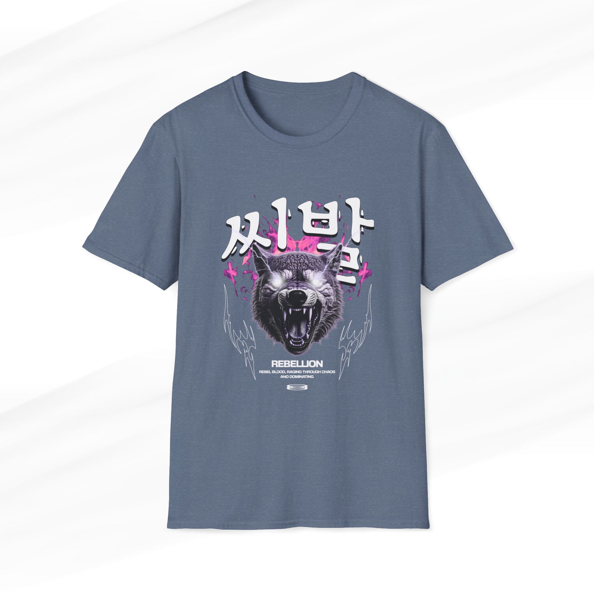 Shibal Korean t-shirt in heather indigo with bold Korean text, rebellious wolf design, and English translation. Alternative fashion statement piece.